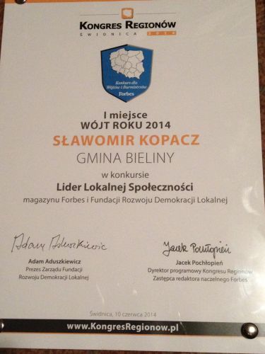 Tytuł Wójta Roku 2014 dla Sławomira Kopacza w ogólnopolskim konkursie