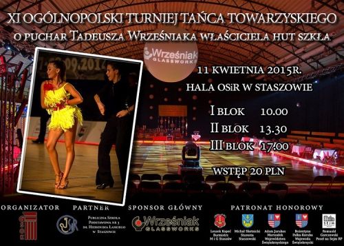 Plakat promujący Ogólnopolski Turniej Tańca Towarzyskiego o Puchar właściciela Hut Szkła Tadeusza Wrześniaka