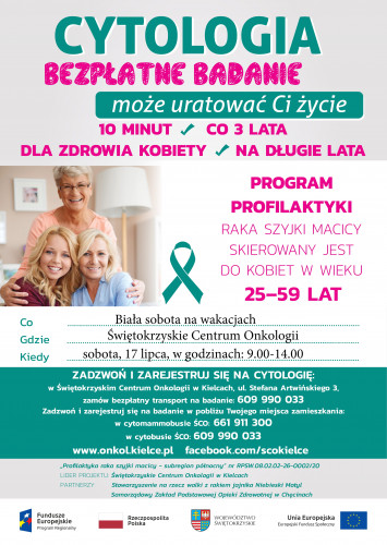 Plakat Promujący Badania Cytologiczne, fotografia uśmiechniętych kobiet oraz opis zadad wykonywania badań