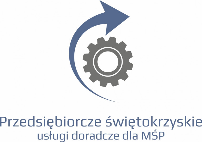 Logo Programu Przesiębiorcze świętokrzyskie Szare Koło Zębate I Okalająca Je Sttrzałka Określająca Ruch