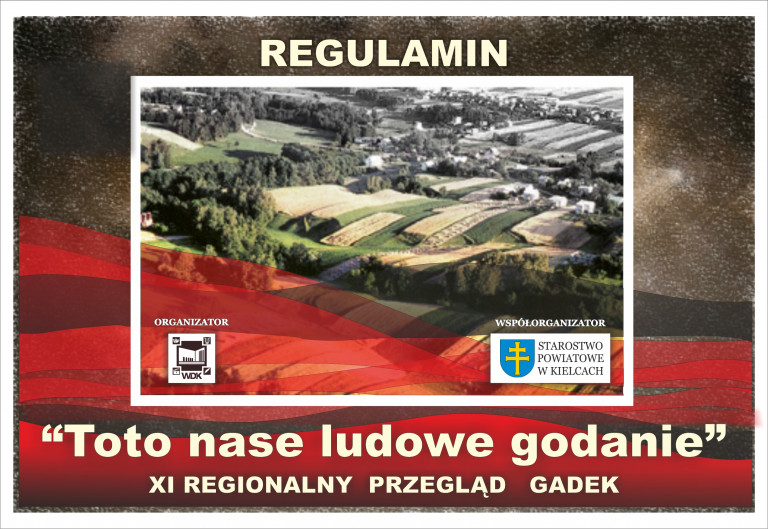 Plaqkat promujący konkurs gawędziarski z widokiem na świętokrzyskie pola.