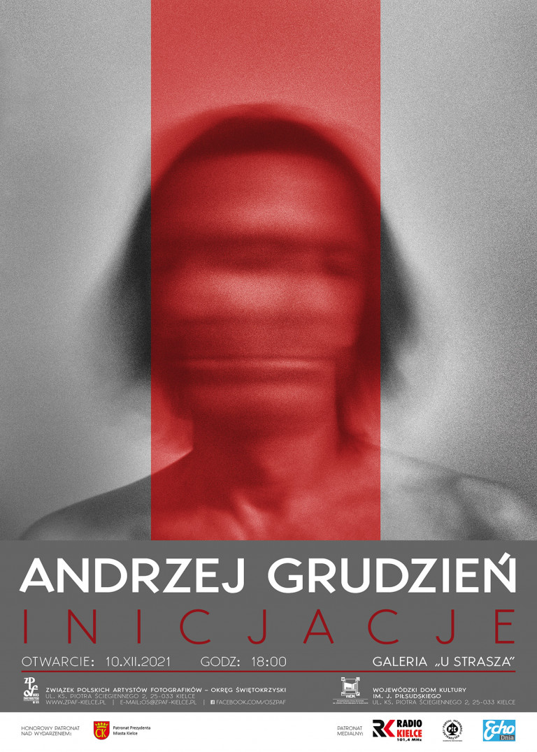 Plakat artysty przedstawiajacy mężzczyznę na czerwonym tle
