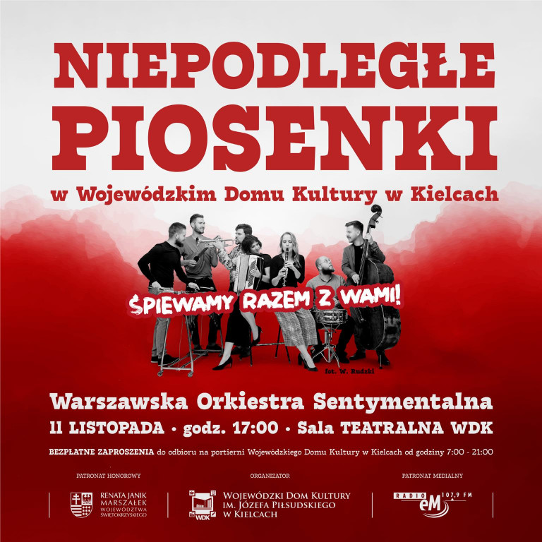 Plakat Na Biało Czerwonym Tle Postaci Muzyków